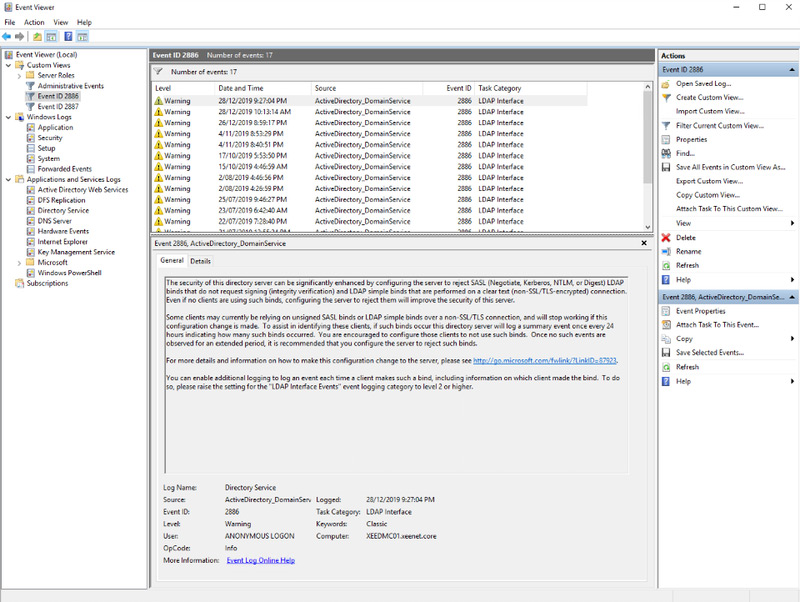 Screenshot of directory service event log monitoring for event ID 2886