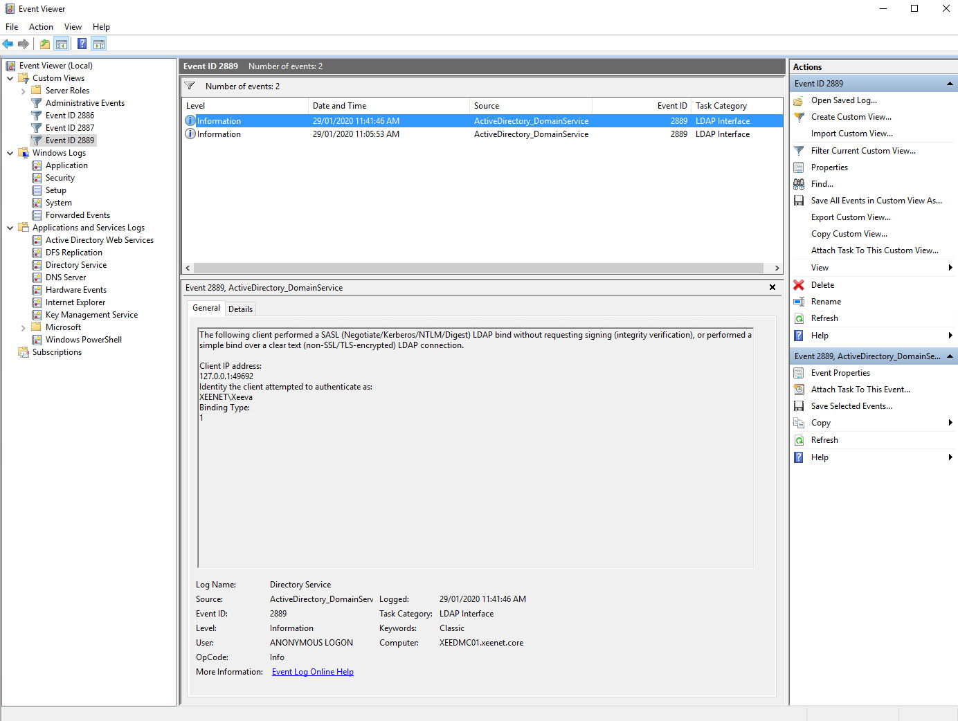 Screenshot of directory service event log monitoring for event ID 2889 using LDP.exe