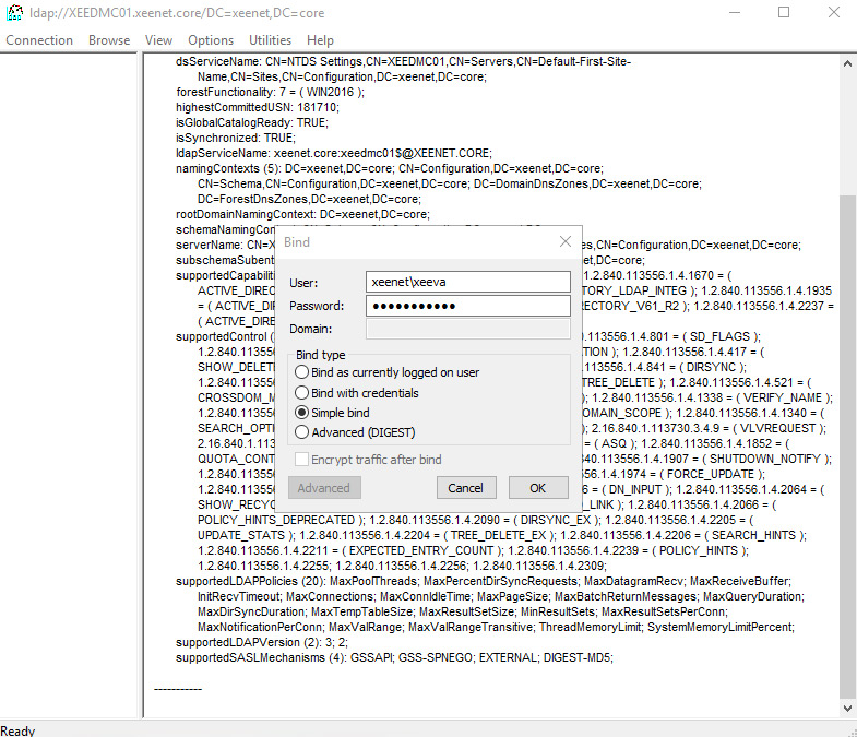Screenshot of bind types in connection menu of LDP.exe tool